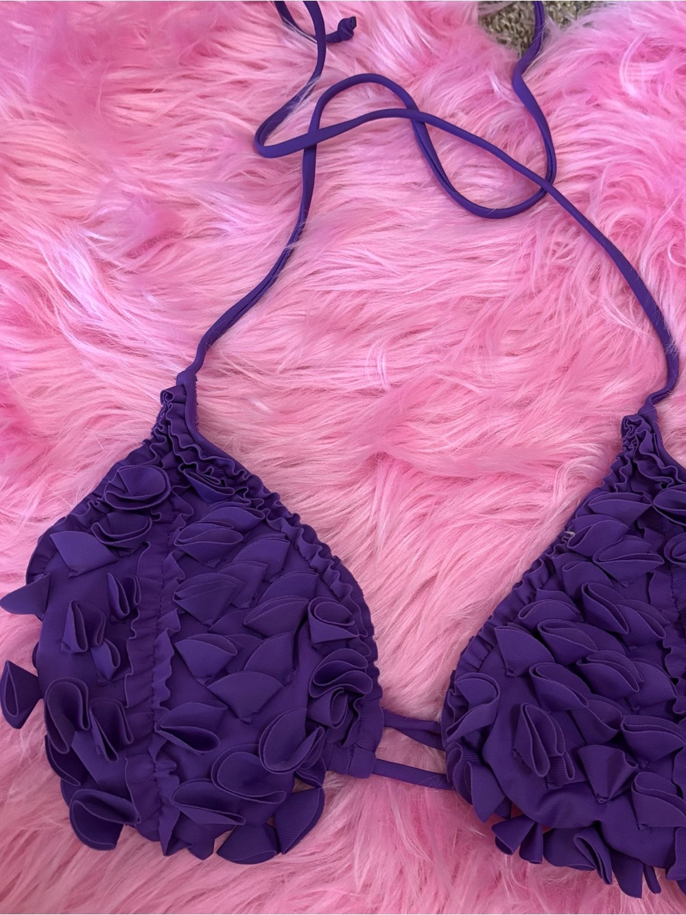 Purple Ruffle Floral Applique Halter Bikini Top XL Y2K Mermaidcore